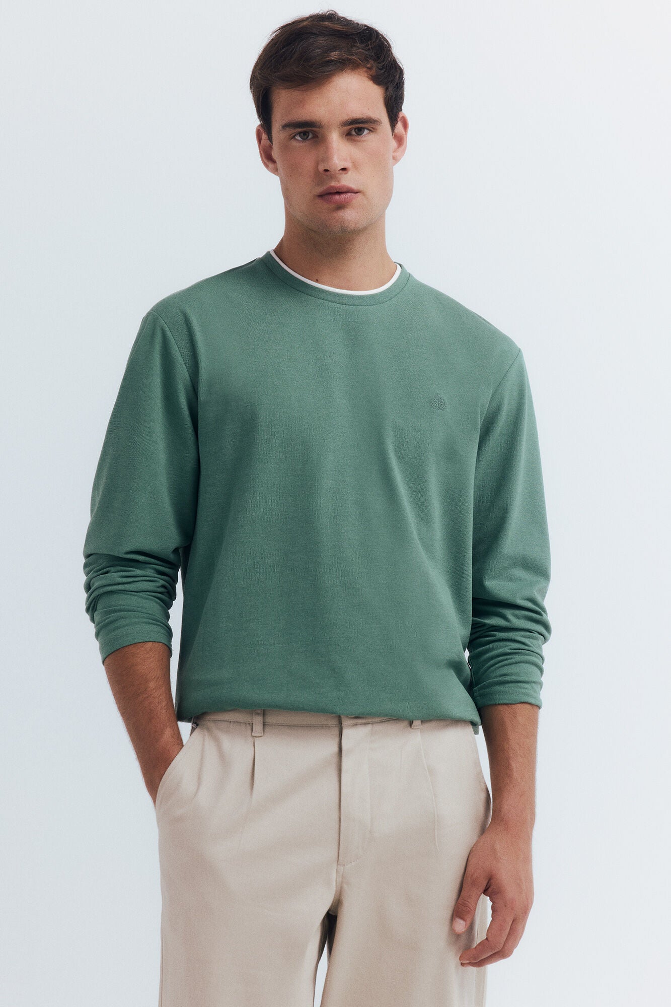 Springfield_Green_Double Melange Long Sleeve Shirt_8832420_25_01