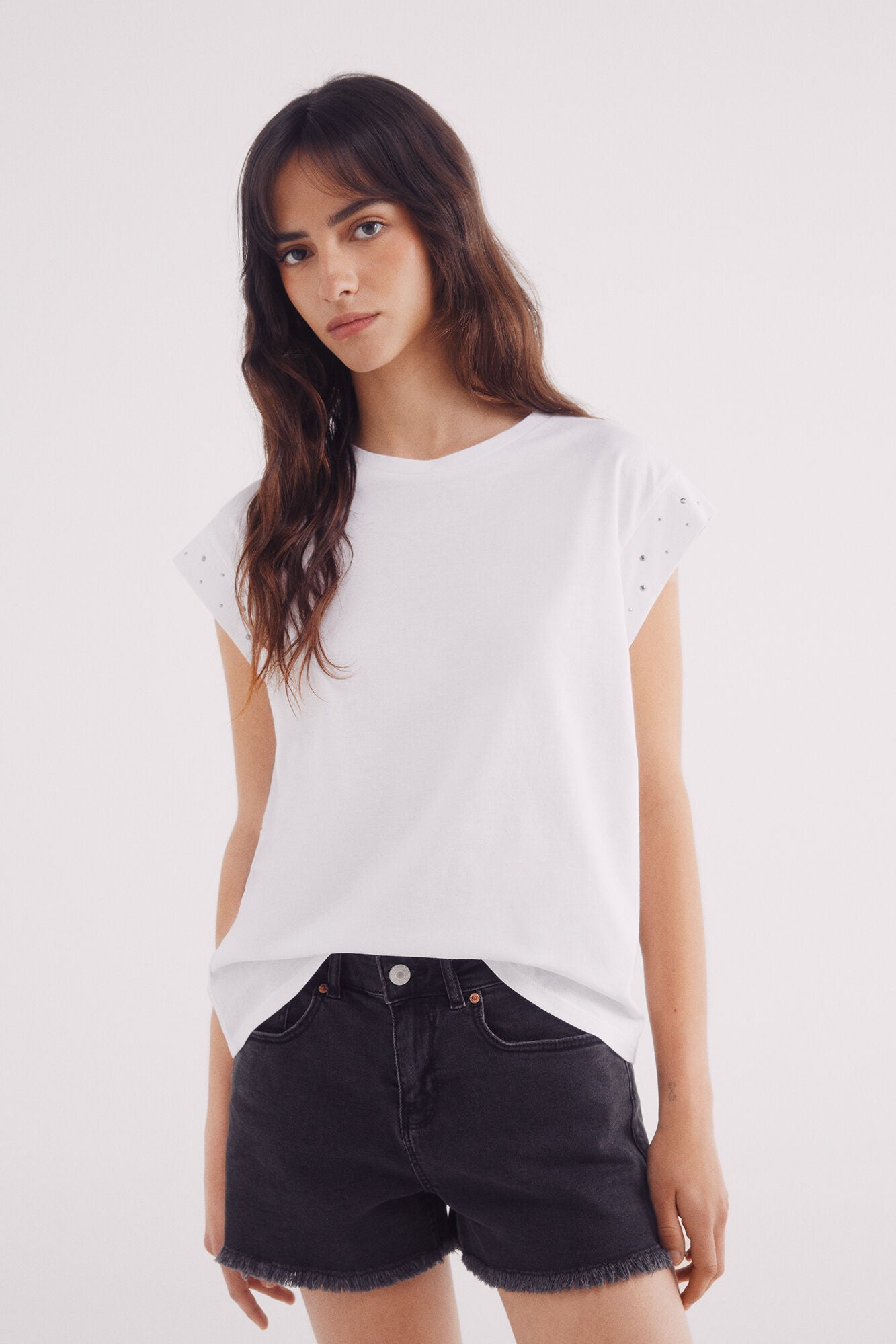 Springfield_White_Crystal Studded Sleeves Shirt_8862572_99_01