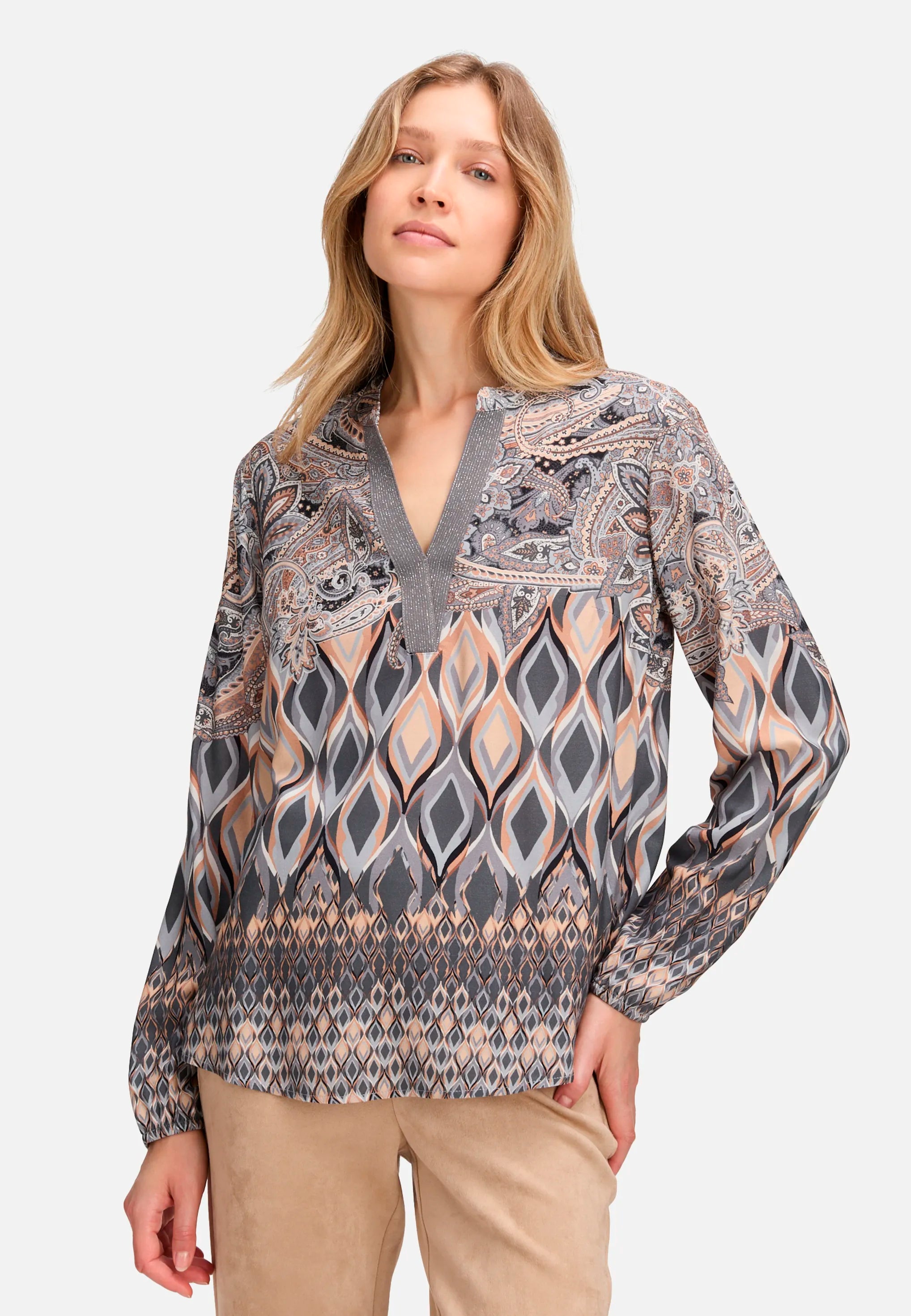 Betty Barclay_Grey/Beige_Long Blouse with Stand-Up Collar_8930-1100_9876_01