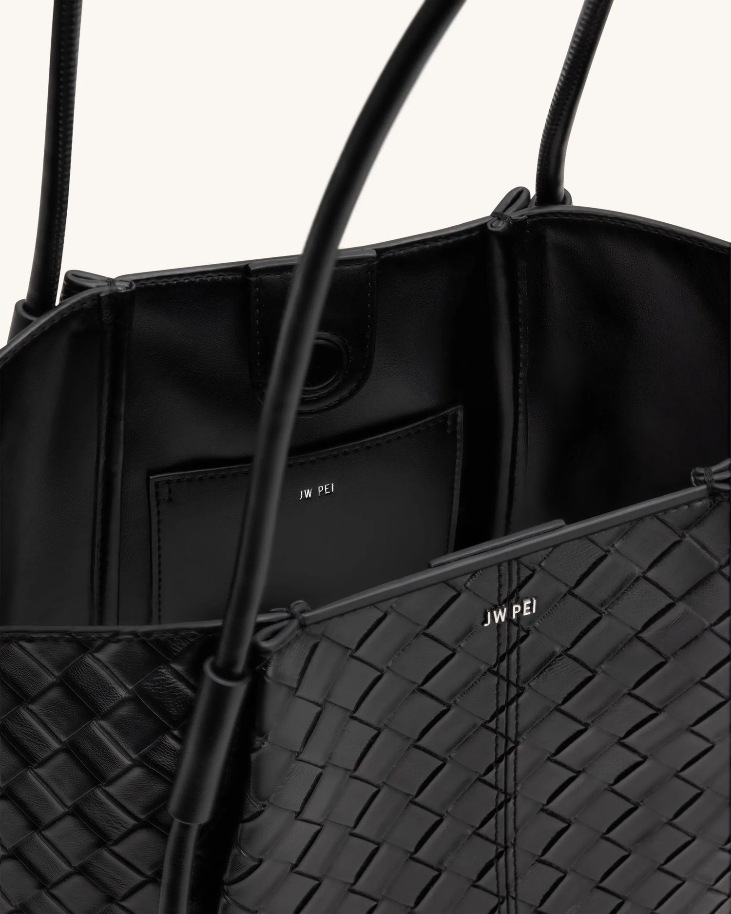 JW PEI Black Women Nala Wide Weave Texture Tote Bag - Black SKU: 8T030-1_Black Image 04