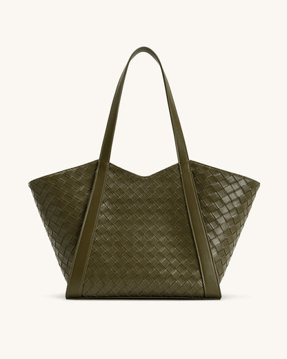 JW PEI Dark Olive Women Kiana Large Capacity Weave Texture Tote Bag - Dark Olive SKU: 8T032-71_Dark Olive Image 03