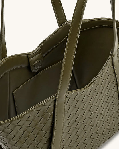 JW PEI Dark Olive Women Kiana Large Capacity Weave Texture Tote Bag - Dark Olive SKU: 8T032-71_Dark Olive Image 04
