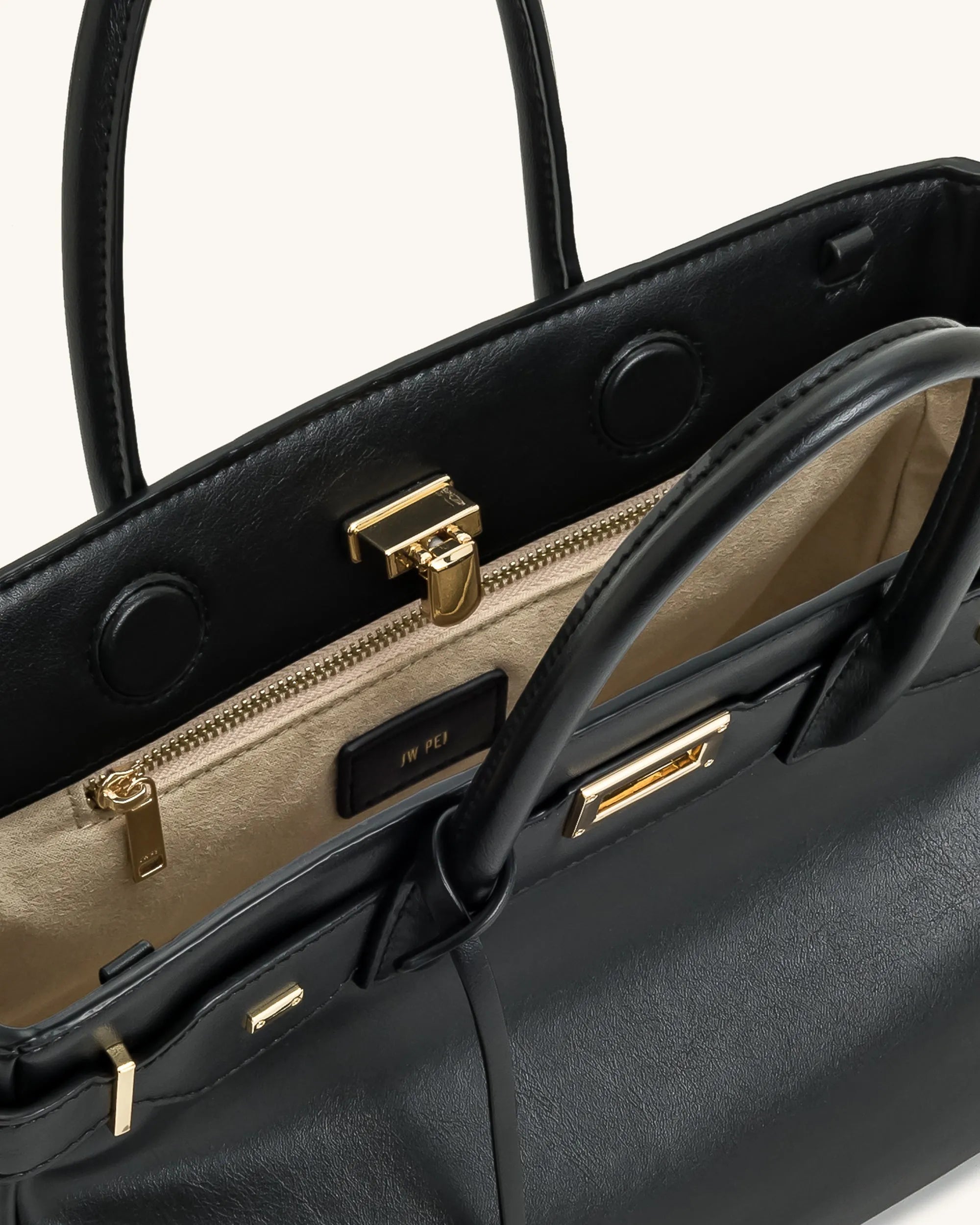 JW PEI Black Women Ziva Metal Lock Decoration Tote Bag - Black SKU: 8T052-1_Black Image 04