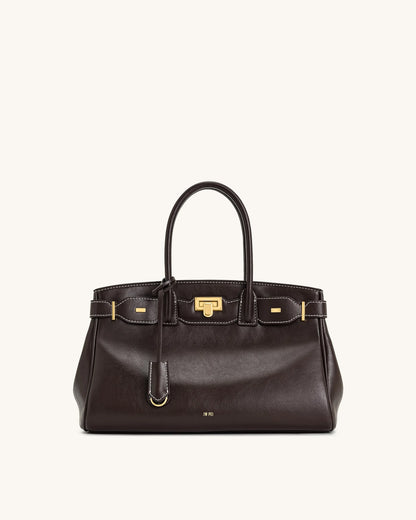 JW PEI Dark Brown Women Ziva Metal Lock Decoration Tote Bag - Dark Brown SKU: 8T052-31_Dark Brown Image 01