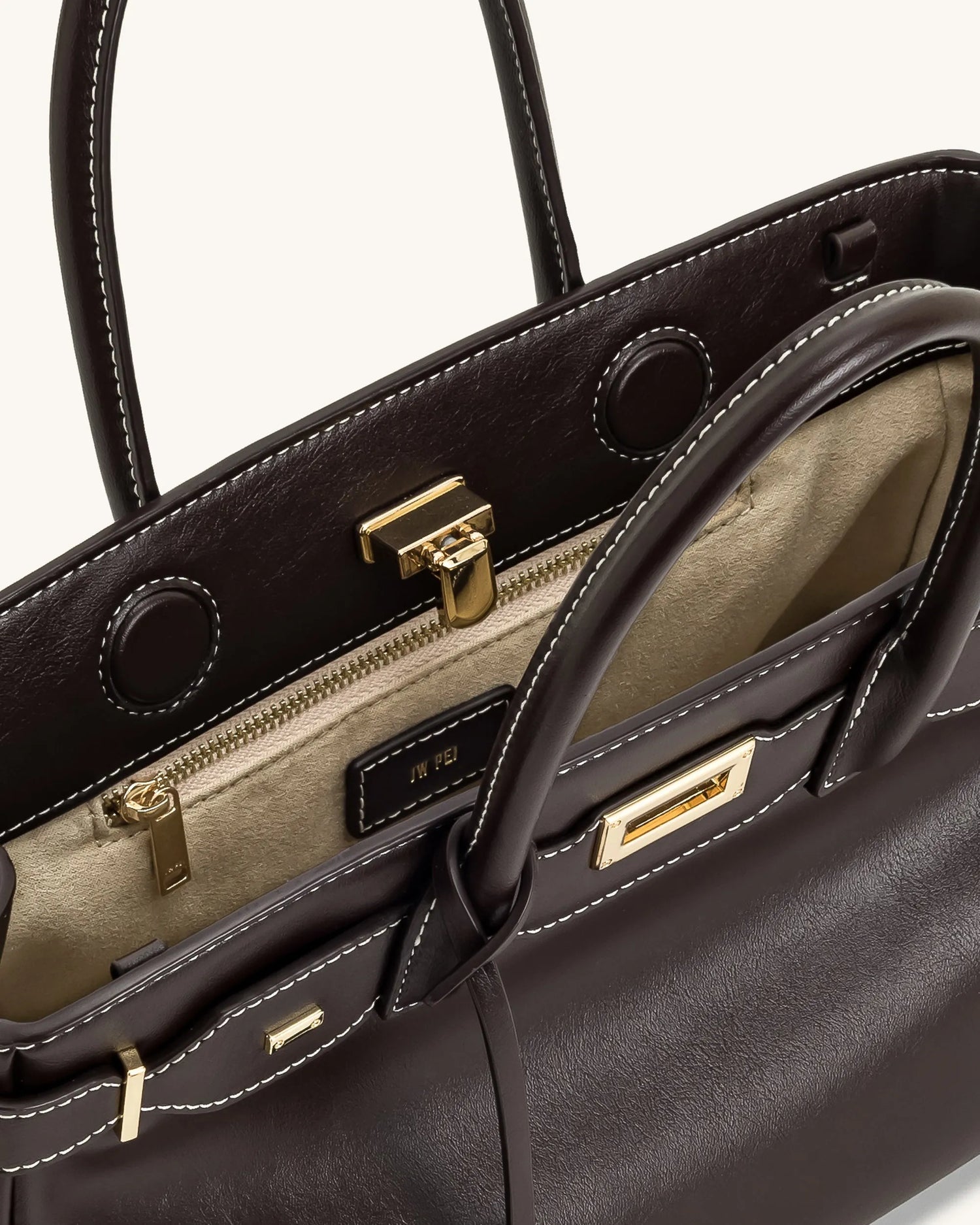 JW PEI Dark Brown Women Ziva Metal Lock Decoration Tote Bag - Dark Brown SKU: 8T052-31_Dark Brown Image 04