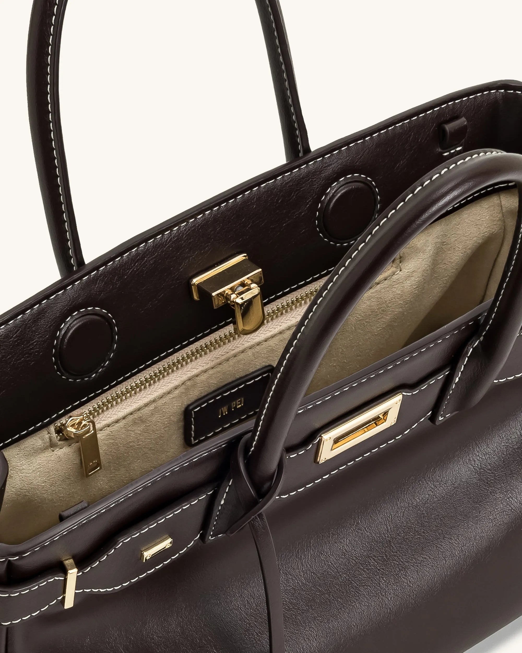 JW PEI Dark Brown Women Ziva Metal Lock Decoration Tote Bag - Dark Brown SKU: 8T052-31_Dark Brown Image 04