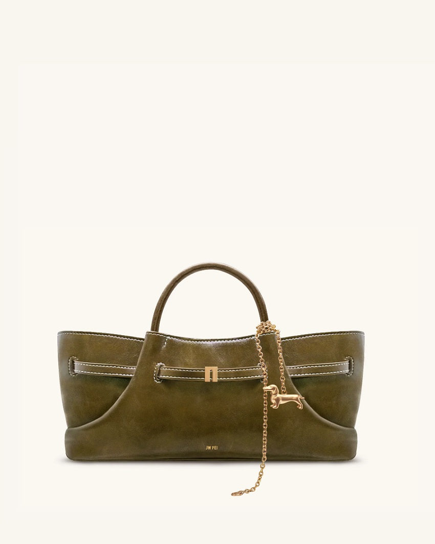 JW Pei Olive Green Women Maeve Dachshund Metal Charm Smooth Tote Bag SKU: 8T117-71_Olive Green Image 01