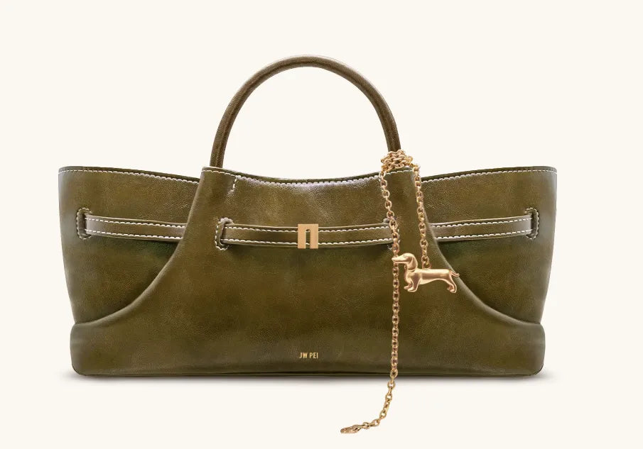 JW Pei Olive Green Women Maeve Dachshund Metal Charm Smooth Tote Bag SKU: 8T117-71_Olive Green Image 01
