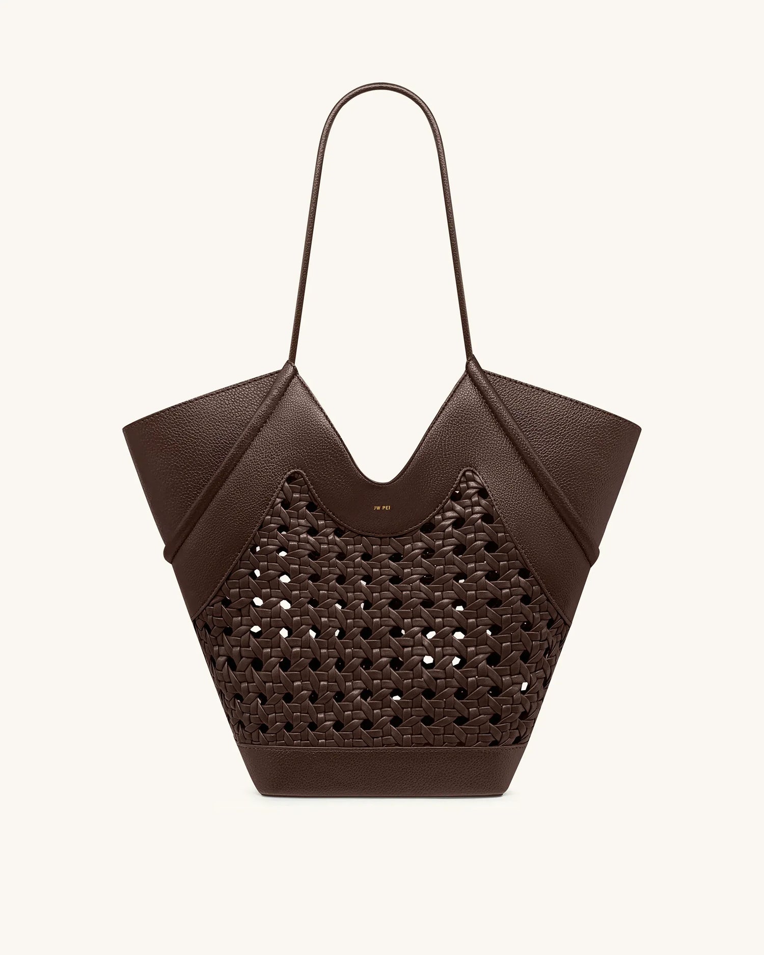 JW PEI Brown Women Maribel Woven Panel Tote Bag SKU: 8T121-3_Dark Brown Image 01