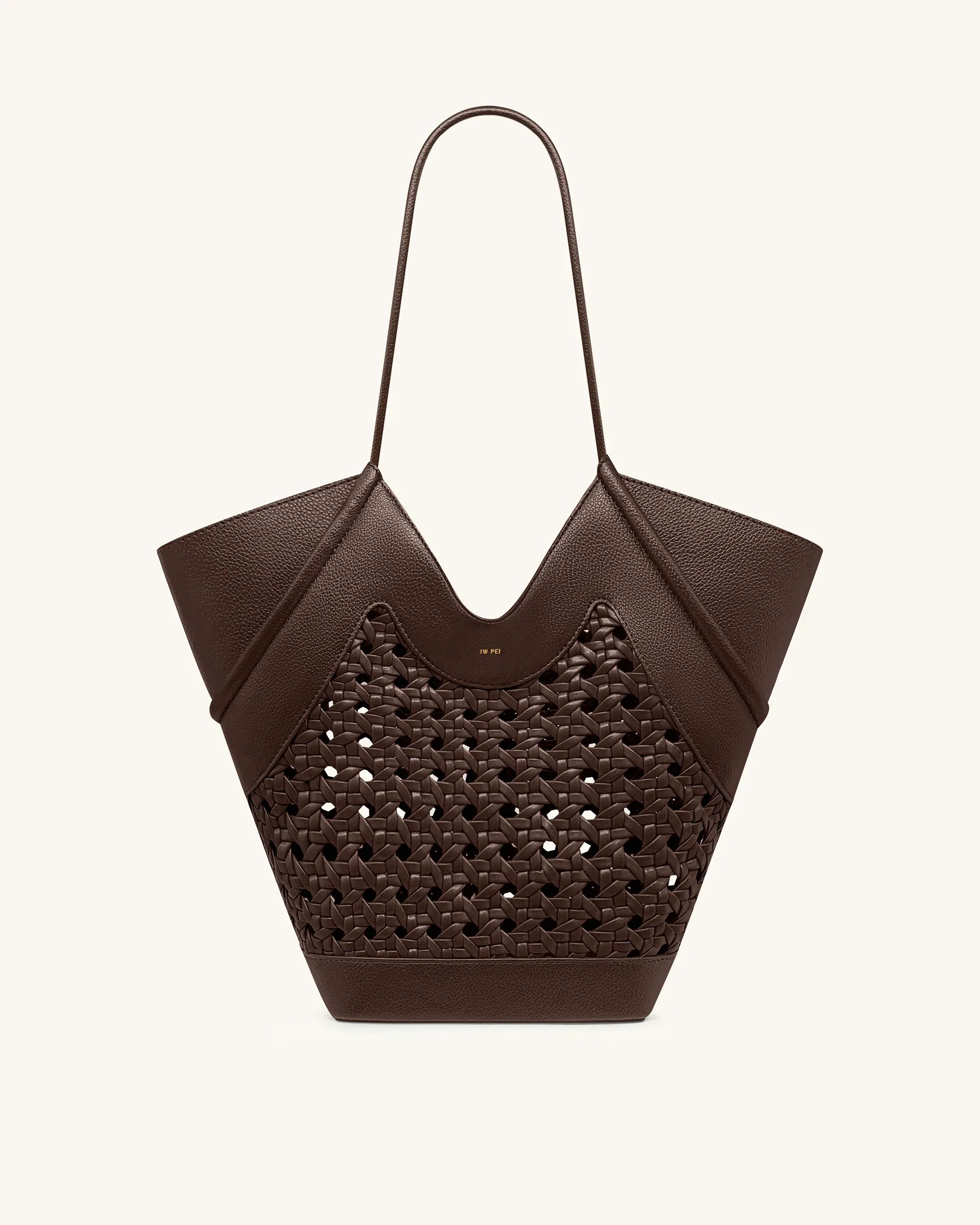 JW PEI Brown Women Maribel Woven Panel Tote Bag SKU: 8T121-3_Dark Brown Image 01