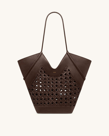 JW PEI Brown Women Maribel Woven Panel Tote Bag SKU: 8T121-3_Dark Brown Image 01
