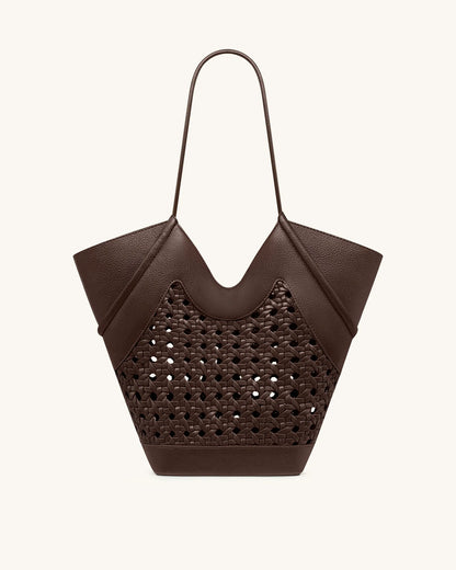 JW PEI Brown Women Maribel Woven Panel Tote Bag SKU: 8T121-3_Dark Brown Image 04