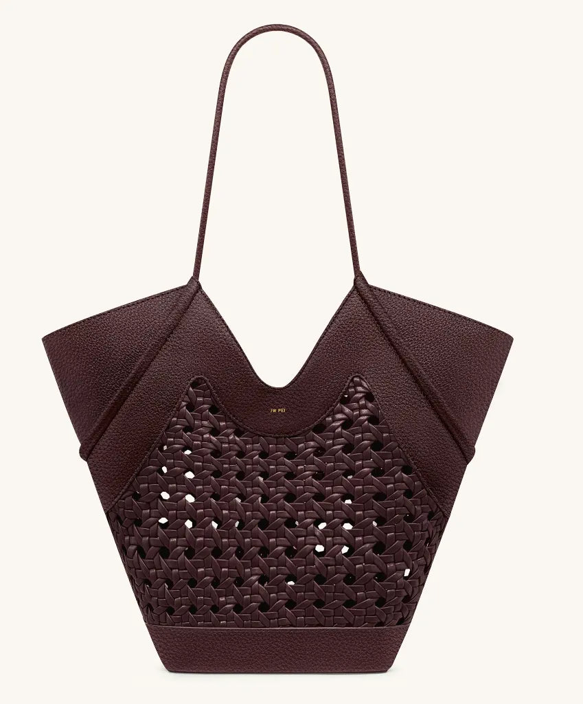JW Pei Burgundy Women Maribel Woven Panel Tote Bag SKU: 8T121-4_Burgundy Image 01