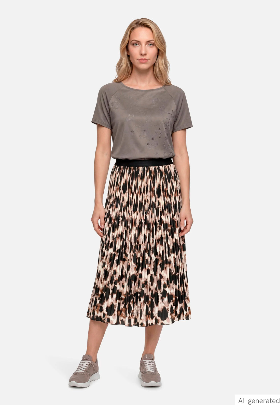 Betty Barclay Beige/Black Women Pleated Midi Skirt with Leopard Print SKU: 9303-1676_7898 Image 02