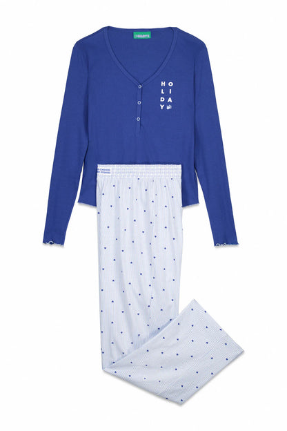 Women Secret_Blue Print_Long Pyjamas Blue Striped Cotton Pajamas_9522058_19_07