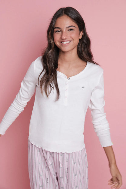 Women Secret_Ivory_Long Pyjamas with White Striped and Logo_9522059_96_02