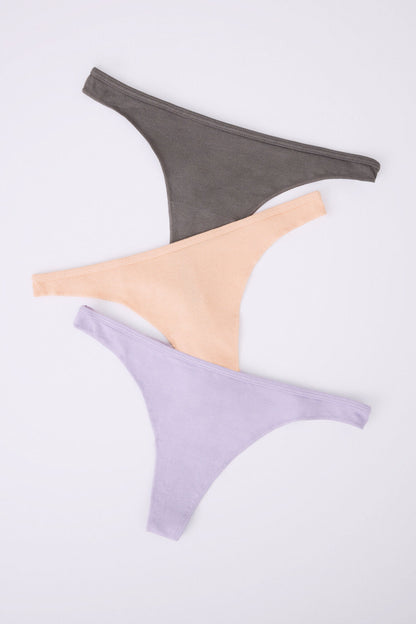 Pack Of 3 Cotton Thongs In Lilac, Yellow &amp; Brown_01