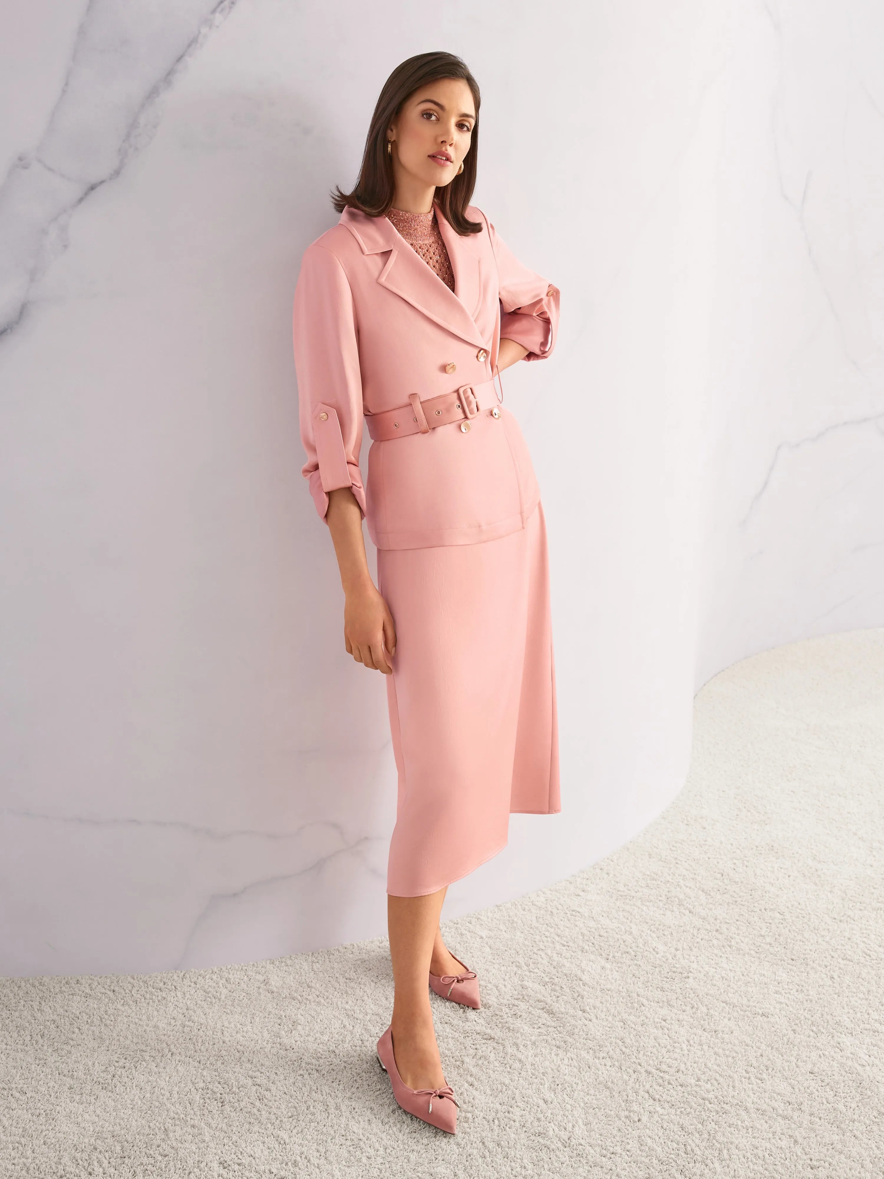 Marc Cain_Peach Beige_Satin Blazer Jacket with Belt_AC 31.10 W46_217_09