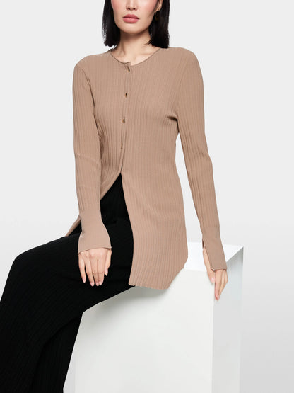 Marc Cain_Warm Taupe New_ÔRethink TogetherÕ Ribbed Cardigan_AC 39.06 M43_619_07