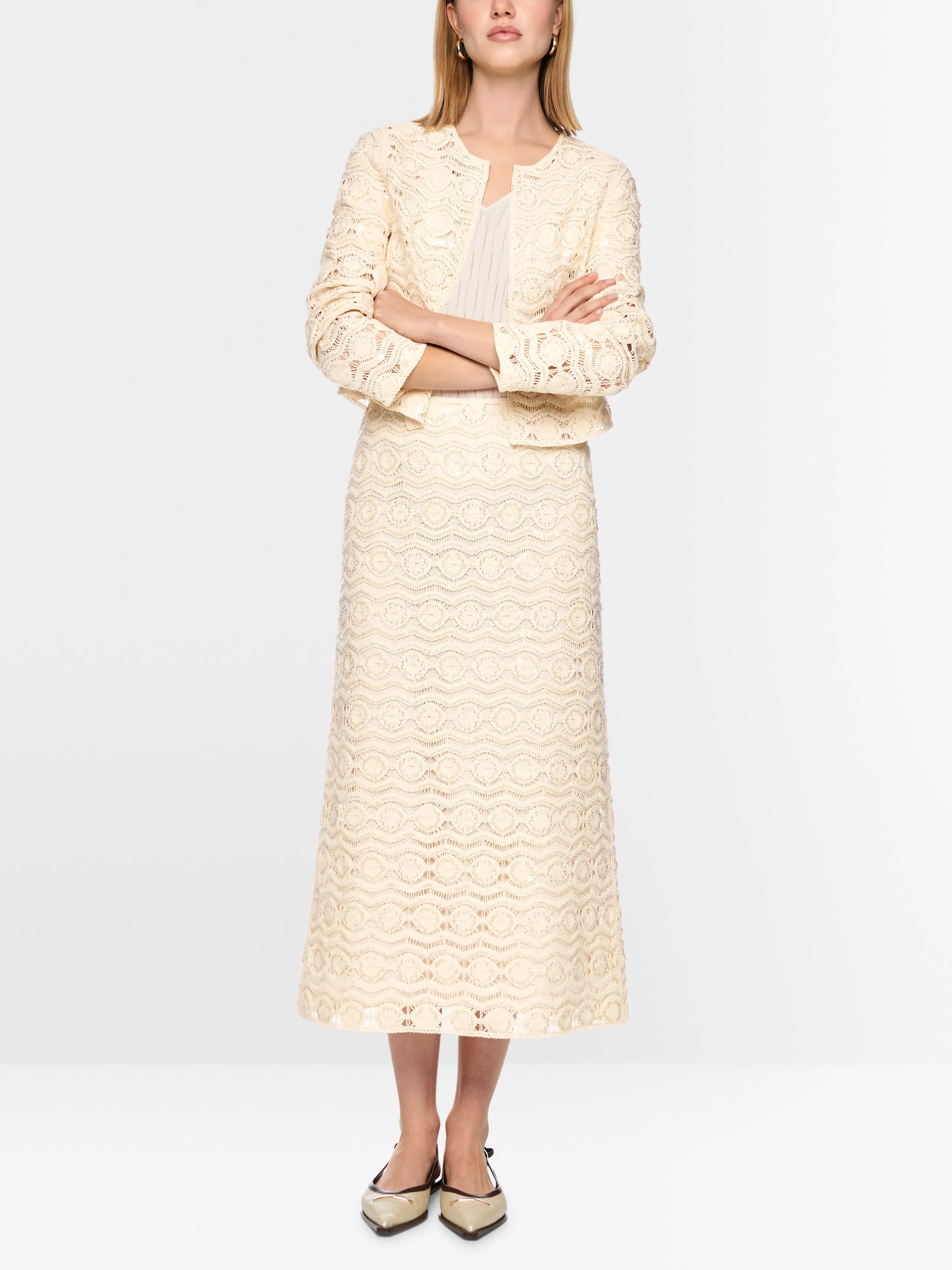 Marc Cain Bright Ecru Women Openwork Skirt with Mini Beads SKU: AC 71.29 W74_112 Image 01