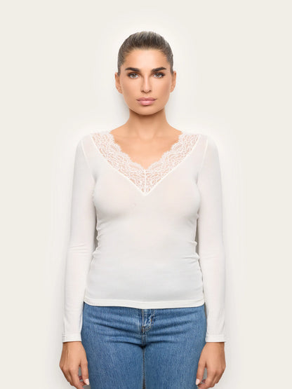 Yamamay CREAM Women Long-Sleeve V-Neck T-Shirt - Basic Modal &amp; Wool SKU: AMAD193005_035 Image 02