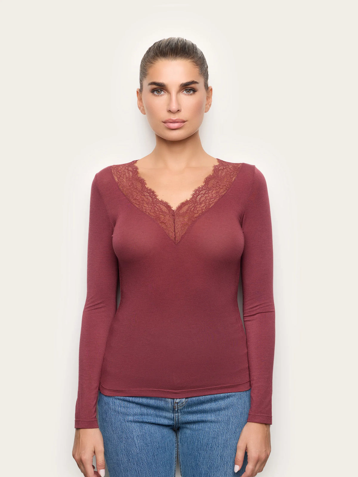 Yamamay CREAM Women Long-Sleeve V-Neck T-Shirt - Basic Modal &amp; Wool SKU: AMAD193005_092 Image 02