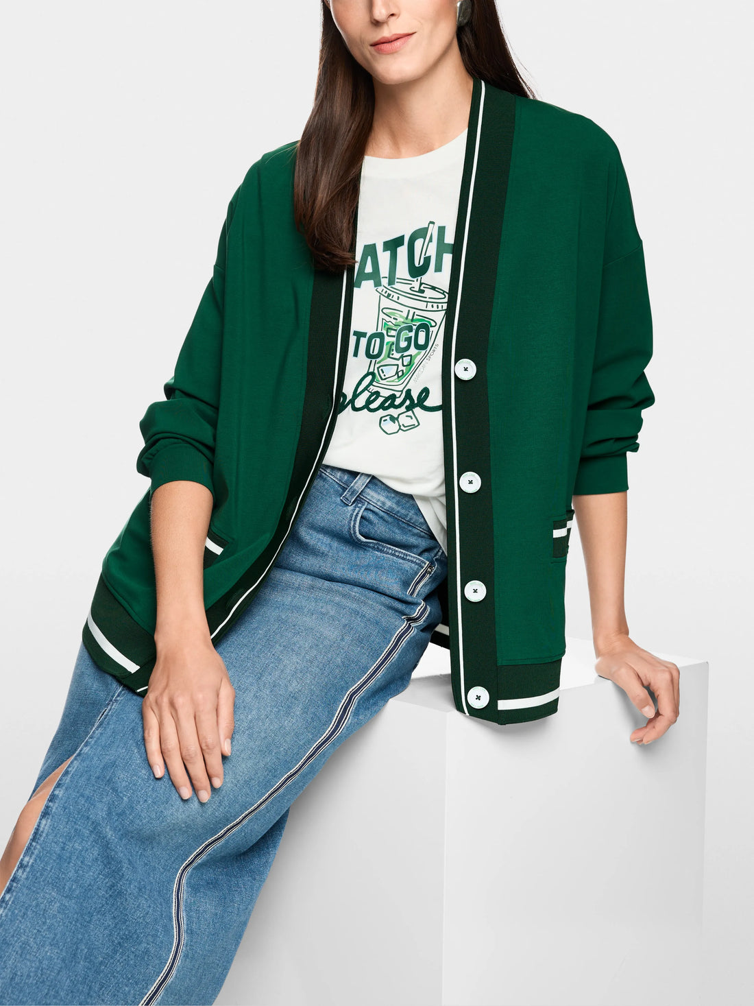 Marccain Dark Jade Green Women Loose Jacket with Striped Details SKU: AS 31.12 J54_556 Image 06