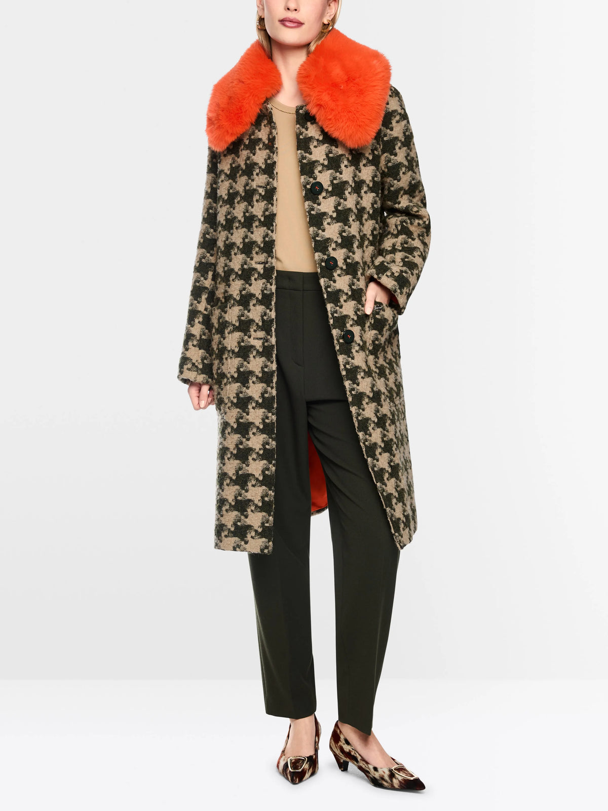 Marc Cain Tannin Women Houndstooth Coat with Faux Fur Collar SKU: BC 11.12 W65_620 Image 01