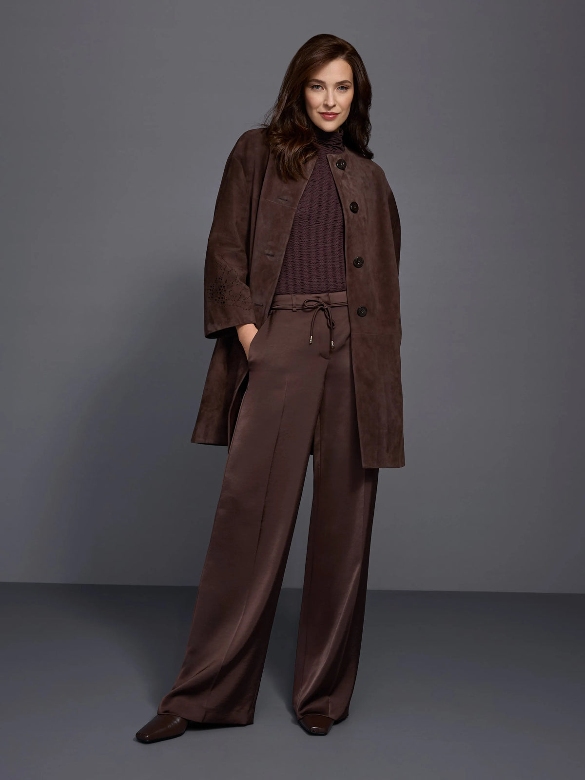 Marc Cain Seal Brown Women WARRI Shiny Fabric Trousers SKU: BC 81.41 W60_697 Image 08