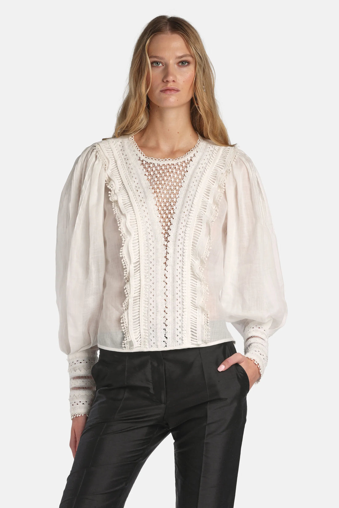 Luisa Spagnoli Panna/Panna Women Bedonia - Embroidered Plastron Blouse SKU: BEDONIA_0202 0202 Image 02