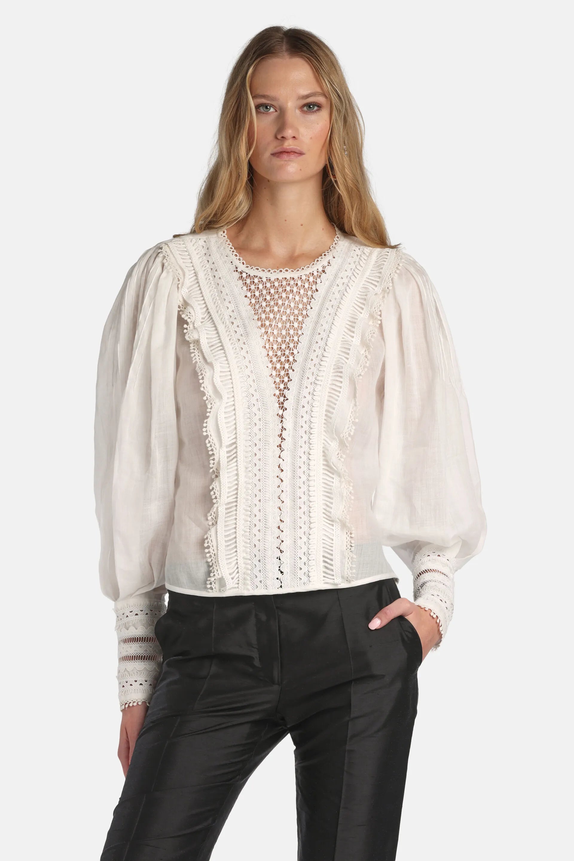 Luisa Spagnoli Panna/Panna Women Bedonia - Embroidered Plastron Blouse SKU: BEDONIA_0202 0202 Image 02