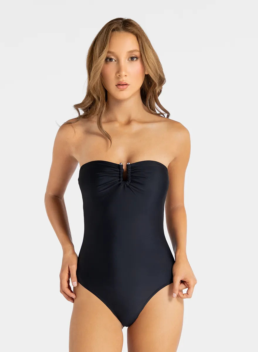 Marie France Black Women Strapless Bandeau Ruched One-Piece Swimsuit SKU: BWFERN_Black Image 01