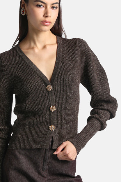 Luisa Spagnoli Marrone/Oro Women Cavina Cardigan with Jewelled Buttons SKU: CAVINA_0952 0428 Image 03