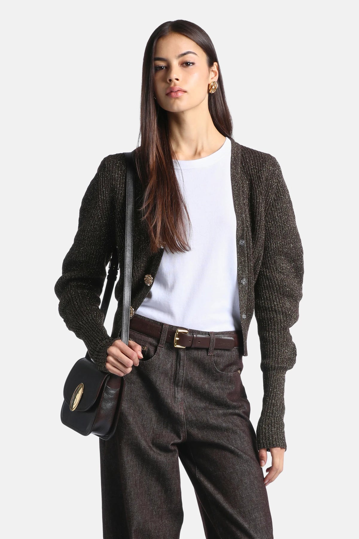 Luisa Spagnoli Marrone/Oro Women Cavina Cardigan with Jewelled Buttons SKU: CAVINA_0952 0428 Image 04