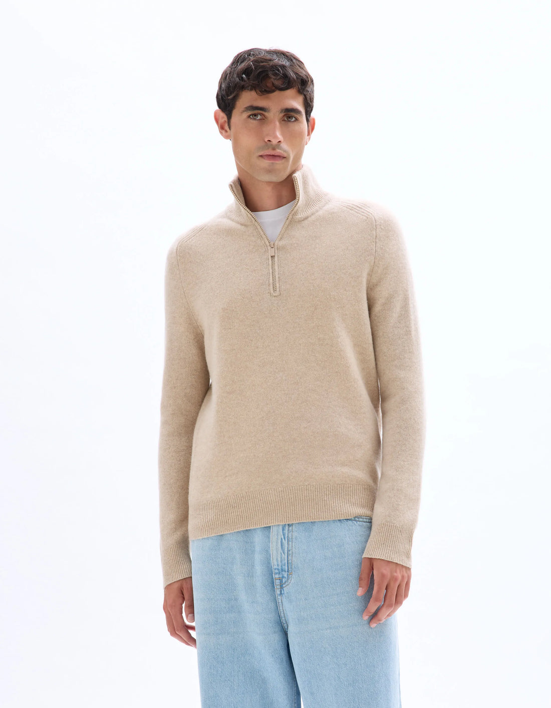 Celio_Beige_100% Lambswool Zip-Neck Sweater_CEWOOLCAM_BEIGE_01