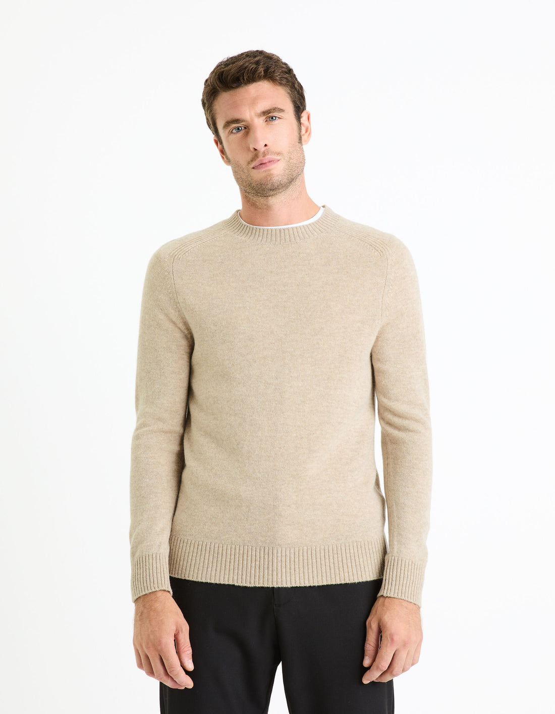100% Lambswool Zip-Neck Sweater - Beige