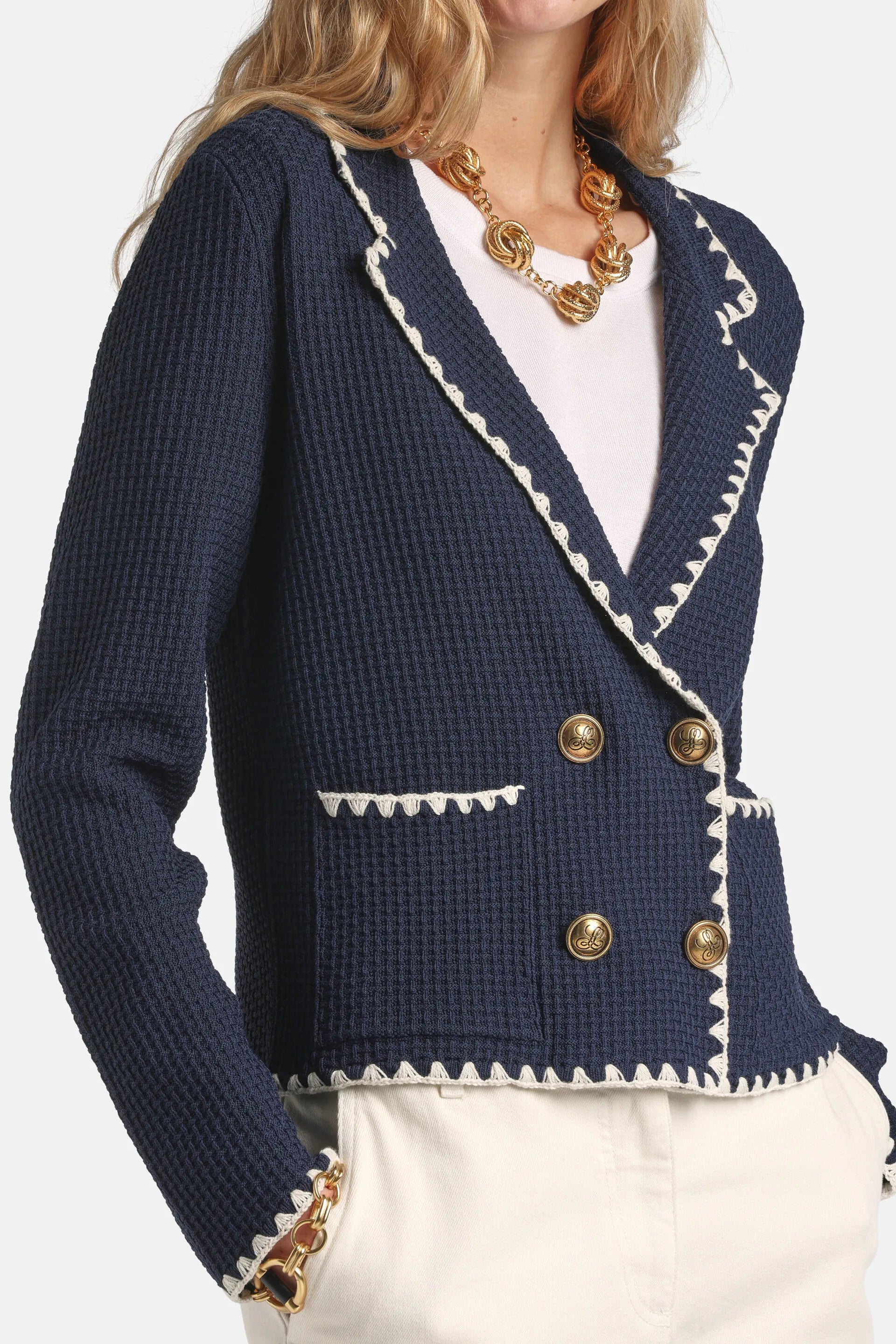 Luisa Spagnoli Blu/Panna Women Cosmica - Double-Breasted Cardigan with Lapels SKU: COSMICA_1209 0202 Image 03