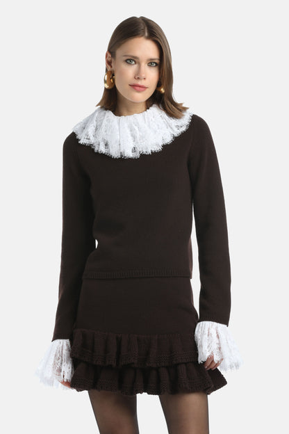 Luisa Spagnoli_Marrone/Bianco_Coupon - Wool Pullover with Lace Details Ð Fashion Show_COUPON_0921 0201_01