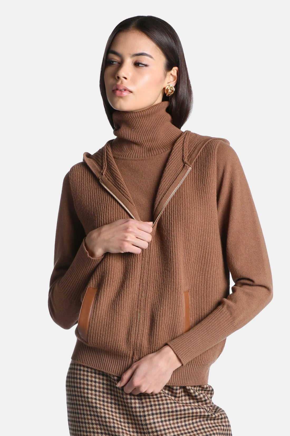 Luisa Spagnoli Cammello/Tabacco Women Cremina Ribbed Knit Vest with Hood SKU: CREMINA_2331 2219 Image 01