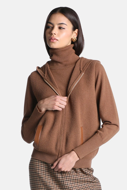 Luisa Spagnoli Cammello/Tabacco Women Cremina Ribbed Knit Vest with Hood SKU: CREMINA_2331 2219 Image 01