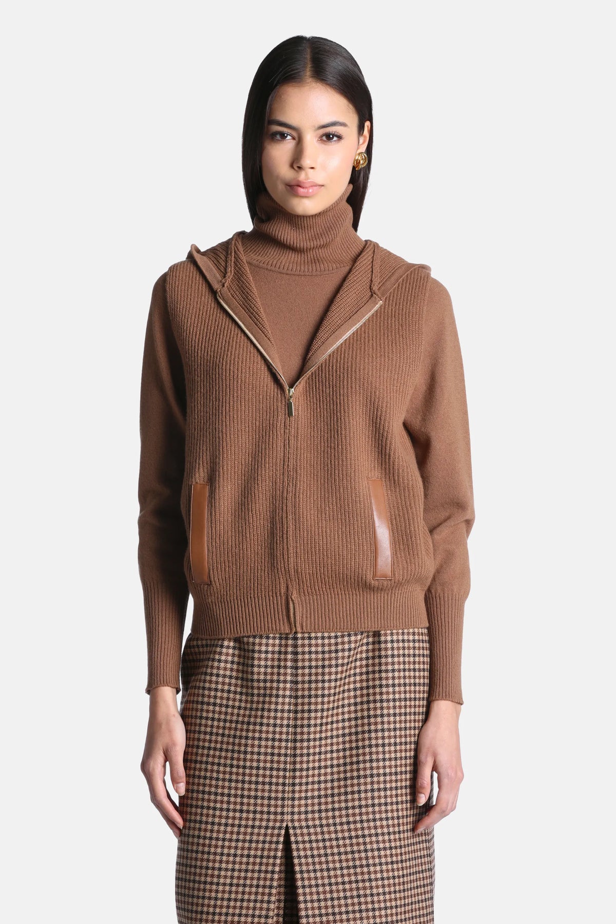 Luisa Spagnoli Cammello/Tabacco Women Cremina Ribbed Knit Vest with Hood SKU: CREMINA_2331 2219 Image 02