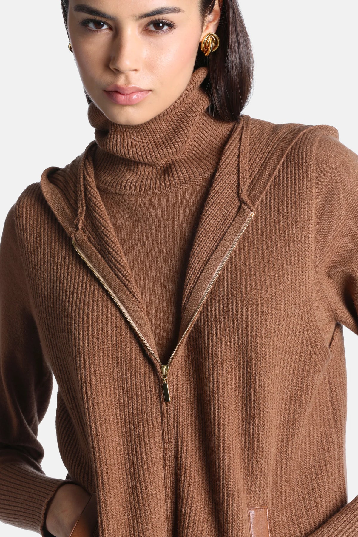 Luisa Spagnoli Cammello/Tabacco Women Cremina Ribbed Knit Vest with Hood SKU: CREMINA_2331 2219 Image 04