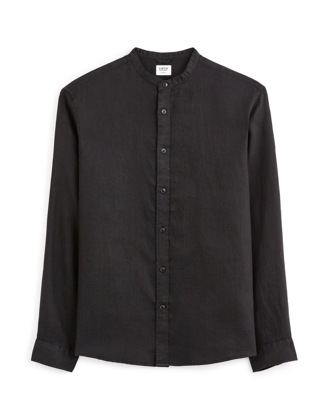 Regular Linen Shirt With Mandarin Collar - Black_01