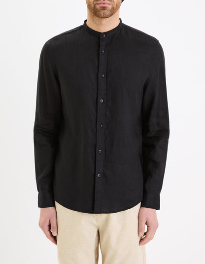 Regular Linen Shirt With Mandarin Collar - Black_02