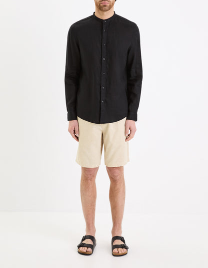 Regular Linen Shirt With Mandarin Collar - Black_03