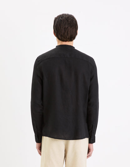 Regular Linen Shirt With Mandarin Collar - Black_04