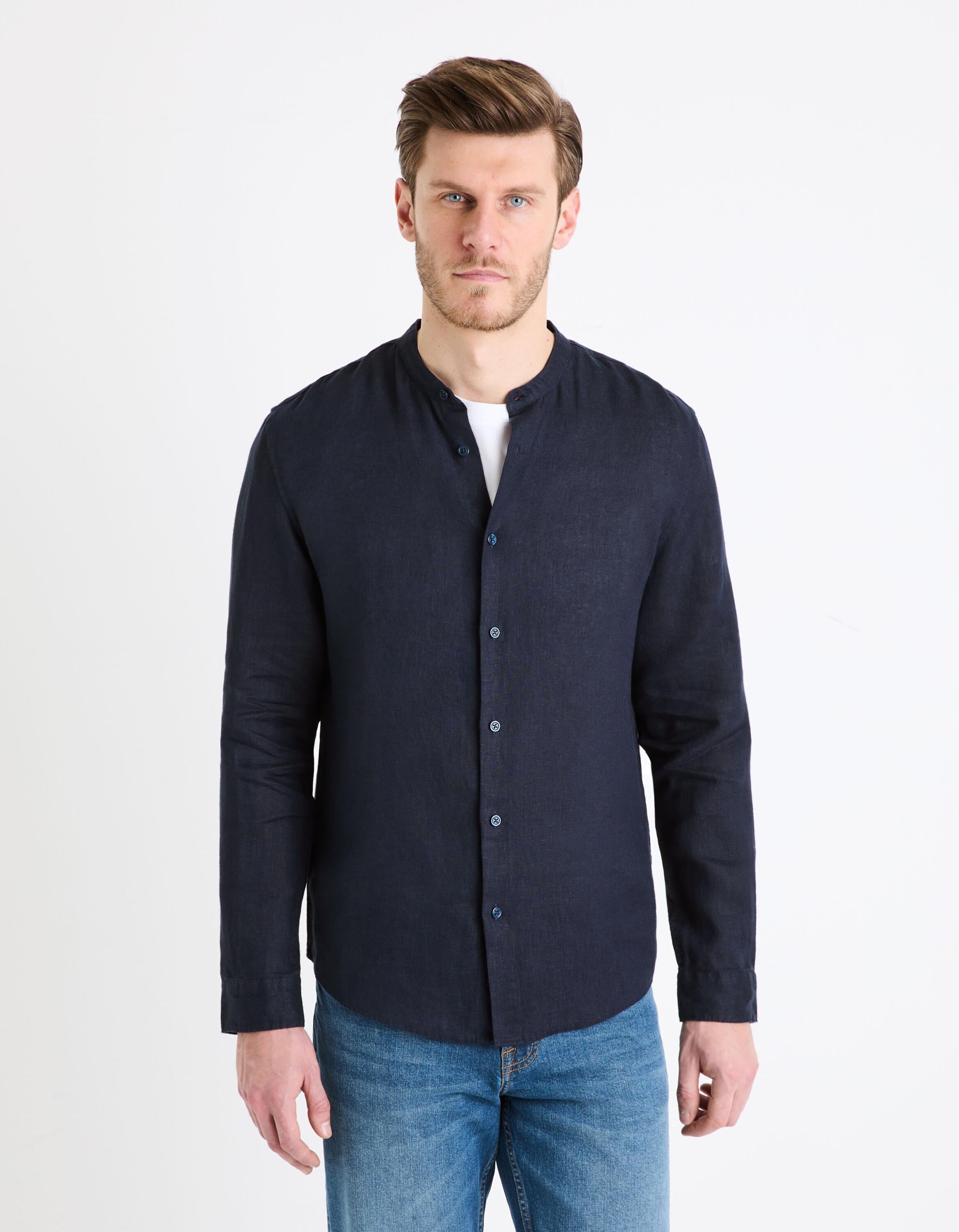 100% LinenRegular Shirt With Mandarin Collar_DAMAOLIN_NAVY_01
