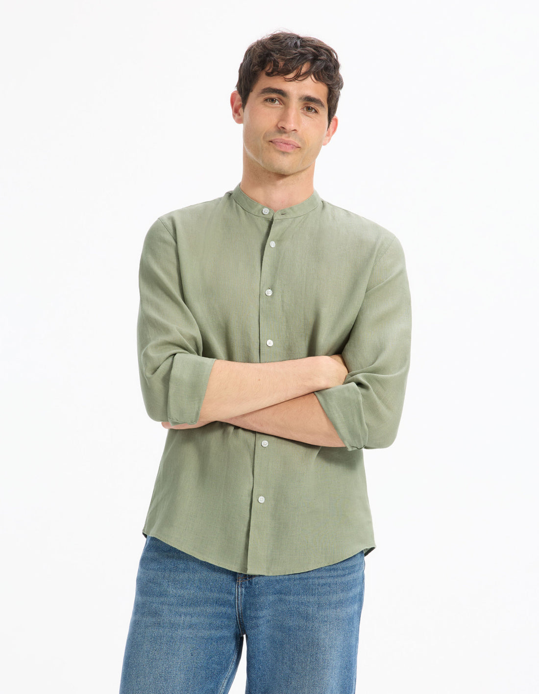 Celio_Sage Green Regular Shirt with Mao Collar 100% Linen_DAMAOLIN_VERT SAUGE_02