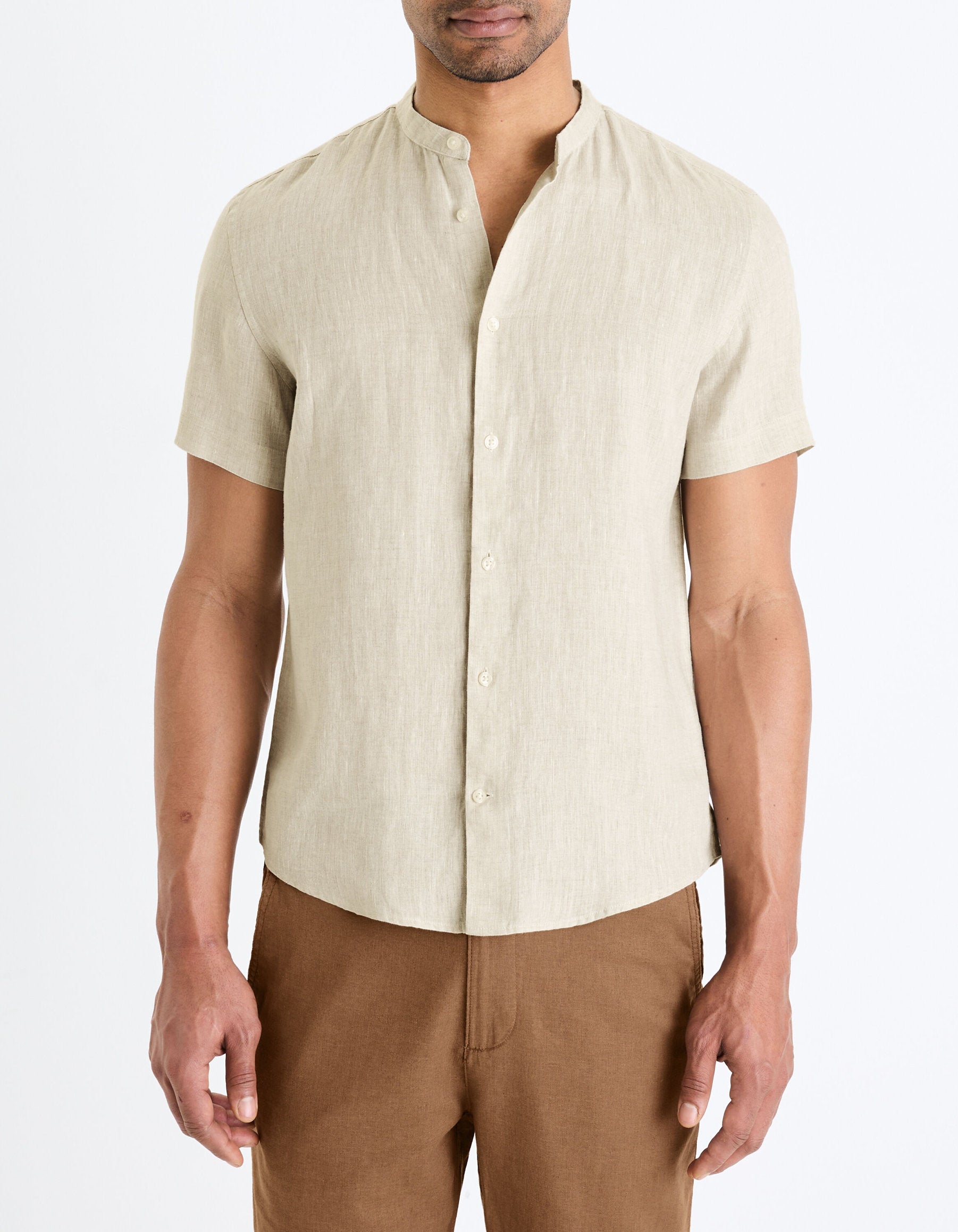 Regular Shirt With Mandarin Collar 100% Linen - Ecru_02