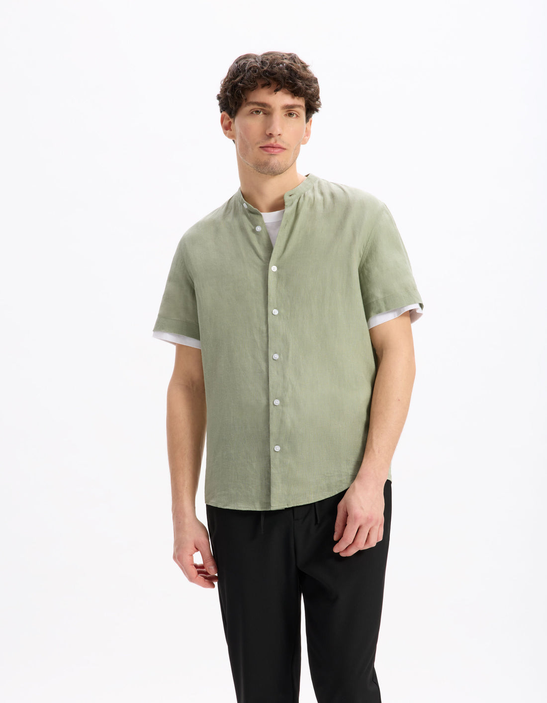 Celio_Sage Green Regular Shirt with Mao Collar 100% Linen_DAMAOPOC_VERT SAUGE_02